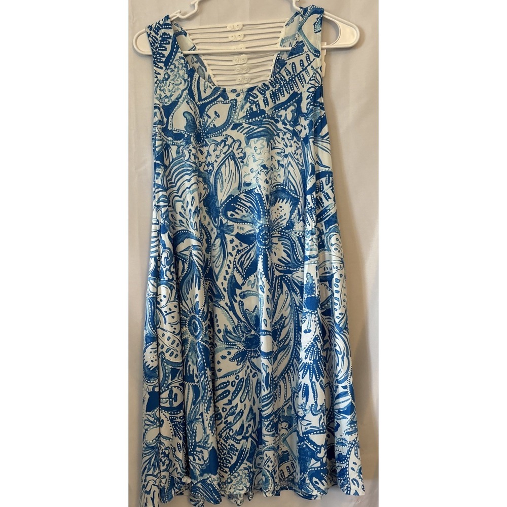 Blue/white Sleeveless Swing Dress Coastal Resort Beach Women's S Flowy Vacation